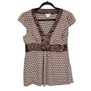 Y2K Babydoll V Neck Top Satin Trim Top Women's Large Sheer Geometric Brown